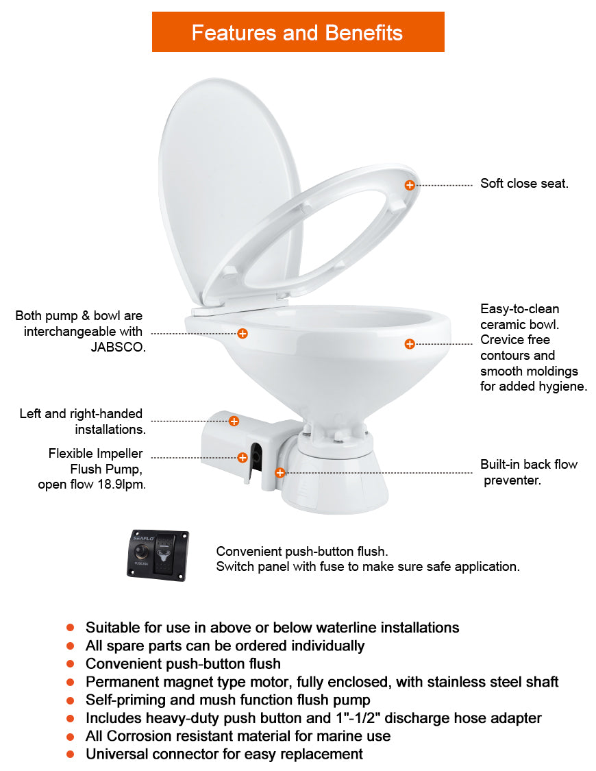 SEAFLO Electric Marine Toilet – Regular (Large Bowl) Dc12v / 24v